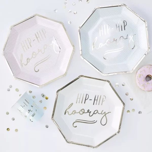 GOLD FOILED HIP HIP HOORAY PASTEL PAPER PLATES