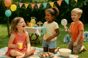 Fête d'été pour enfants dans un jardin avec décorations colorées, snacks simples et ambiance détendue.