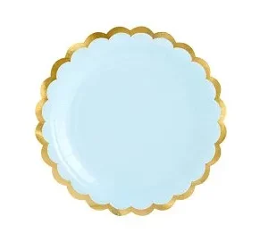 Assiettes en papier bleu clair avec bords métallisés dorés, diamètre environ 18 cm (1 pqt. / 6 pc.)