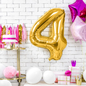 Ballon Aluminium Chiffre « 4» 86 cm Or 15 Ballon chiffre 4 doré de 86 cm, décoration de fête ou d’anniversaire.