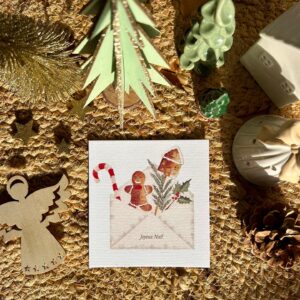Carte postale de Noël “Joyeuses Fêtes” 14 Print d’une aquarelle originale – “Joyeux Noël” Une enveloppe remplie de détails gourmands et festifs pour souhaiter un Noël doux et lumineux.