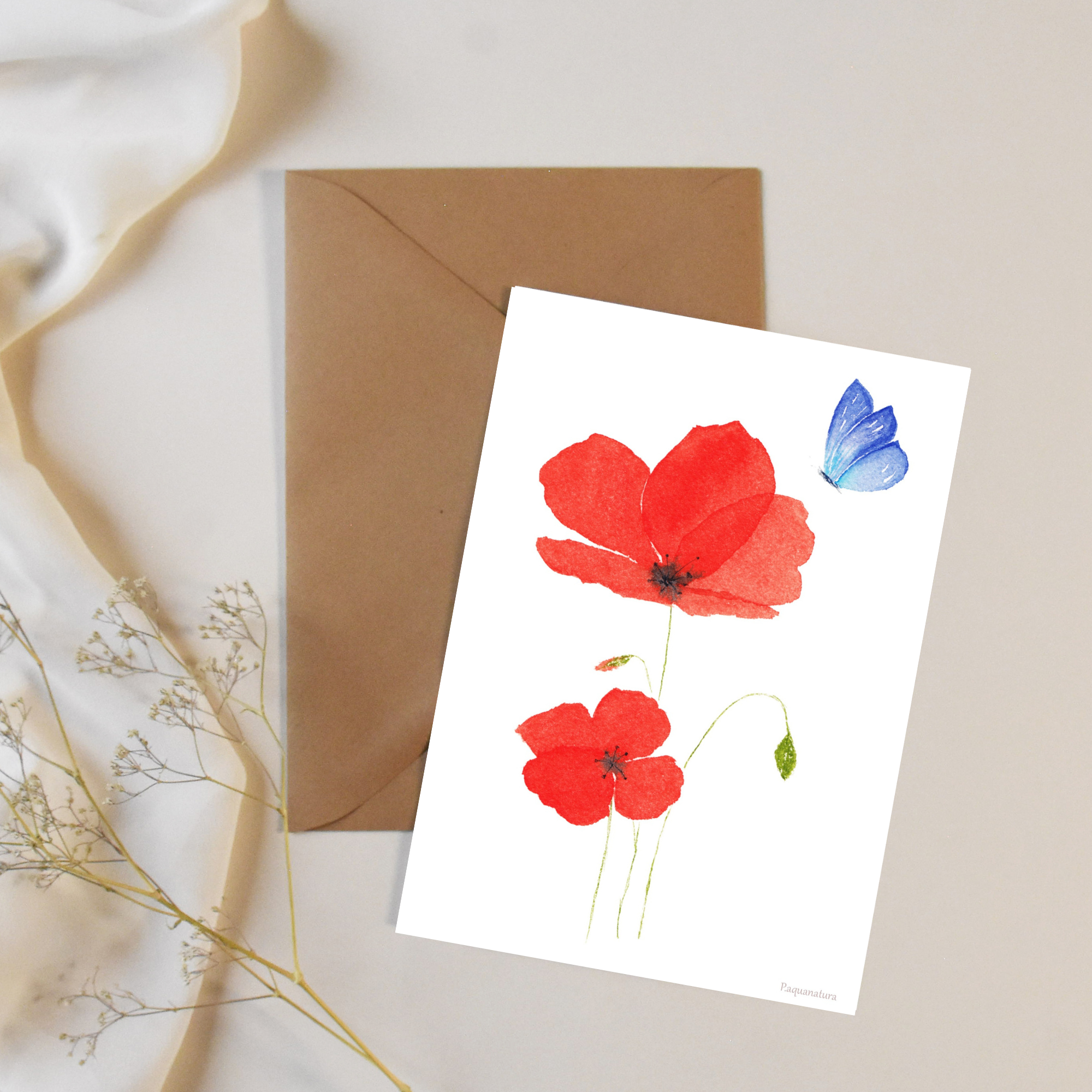 Carte postale aquarelle – Coquelicots & Papillon 1 Carte postale aquarelle – Coquelicots & Papillon
