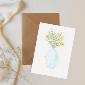Carte postale aquarelle – Vase Bleu & Fleurs Sauvages