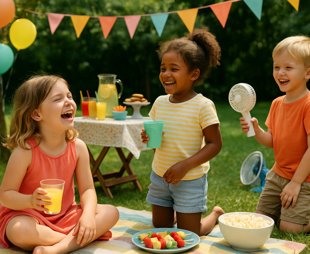 Fête d'été pour enfants dans un jardin avec décorations colorées, snacks simples et ambiance détendue.